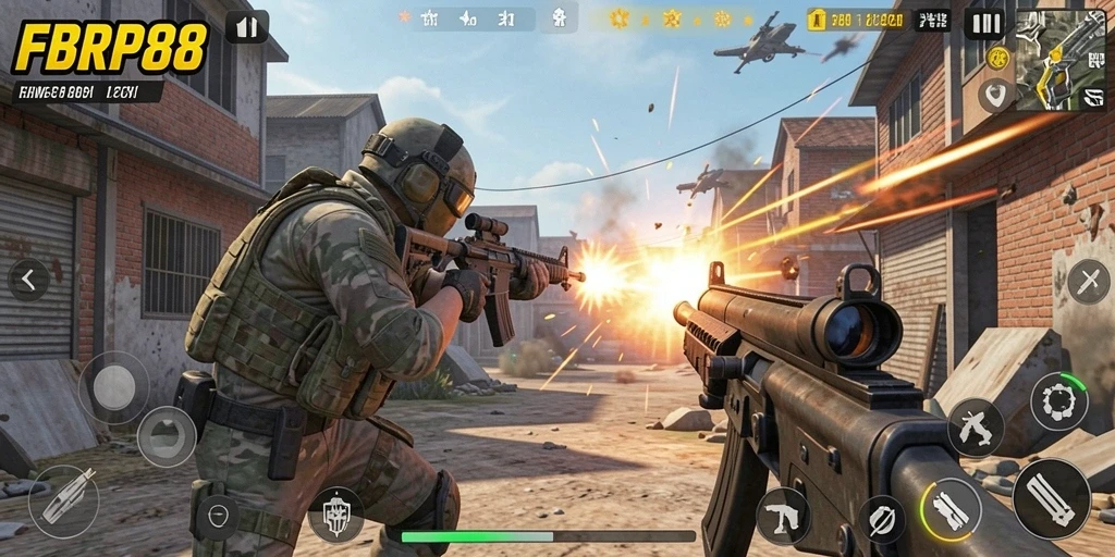 Tangkapan layar menunjukkan aksi intens dari gameplay TPS FBRP88.