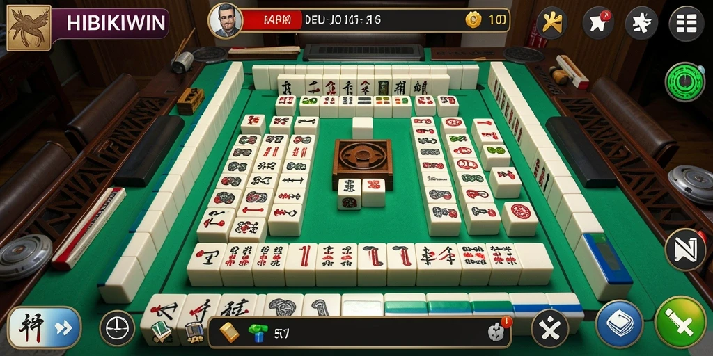 Tampilan gameplay HIBIKIWIN yang menegangkan dan penuh strategi Mahjong.